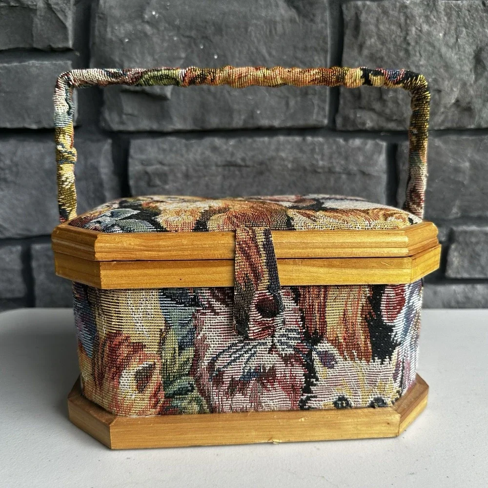 Vintage Cat Tapestry Sewing Basket Wood Frame & Handle Cottage Granny Whimsical